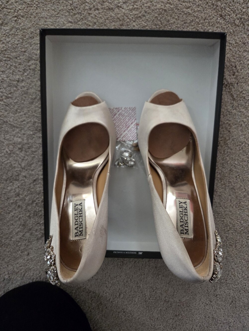 Badgley Mischka Ivory Satin Peep-Toe Heels with Crystal Accent Size 7.5